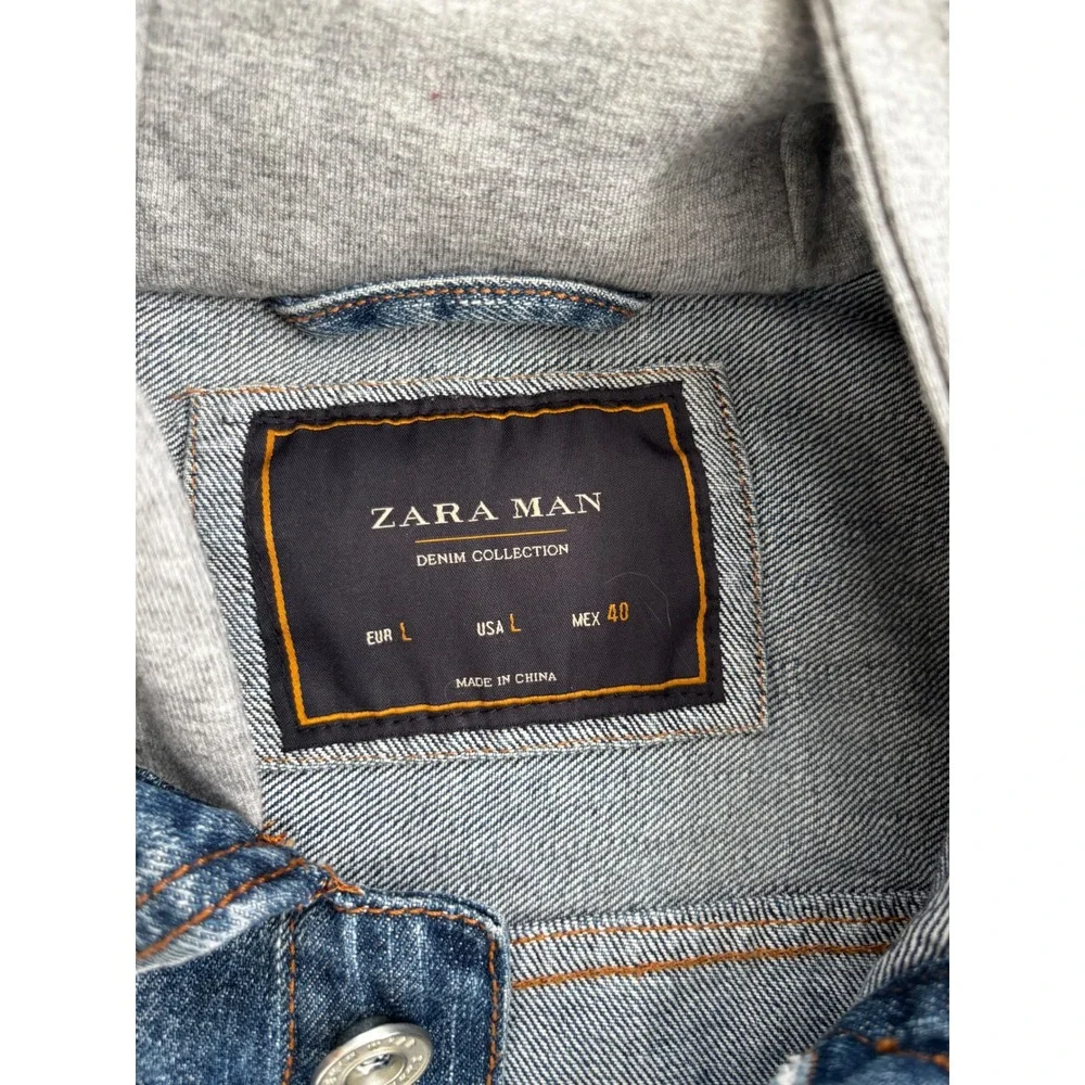 Zara‎ Man Distressed Denim Jacket with Grey Hood and Sleeves Mens Large Blue